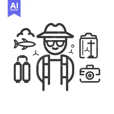 Aset desain premium: Line Art Illustration of a Traveler with Travel Essentials