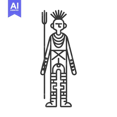 Premium design asset: Line Art Illustration of a Tribal Warrior Holding a Spear