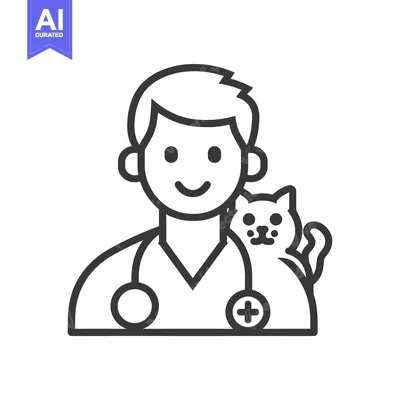 Aset desain premium: Line Art Illustration of a Veterinarian with a Cat