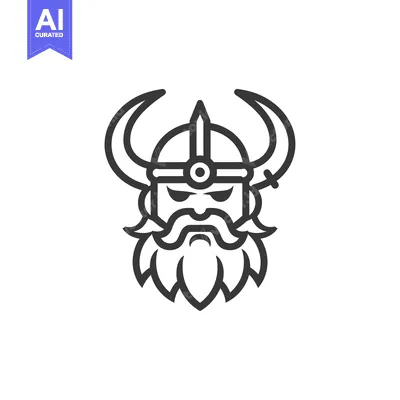 Aset desain premium: Line Art Illustration of a Viking Warrior with Horns and a Helmet