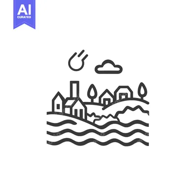 Aset desain premium: Line Art Illustration of a Village by the Sea