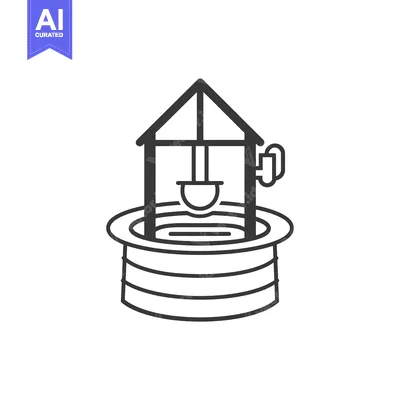 Line art illustration of a well with a bucket and a pulley