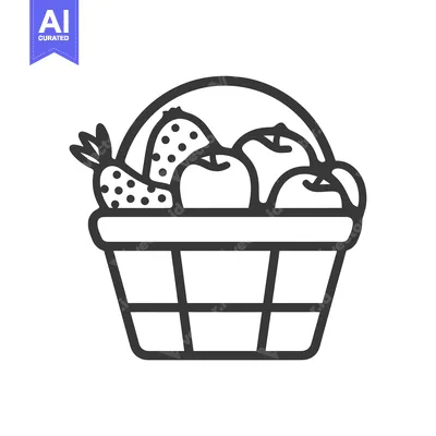 Premium design asset: Line art illustration of a wicker basket filled with apples and a carr