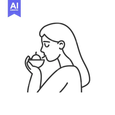 Aset premium populer: Line Art Illustration of a Woman Drinking from a Bowl with a Straw