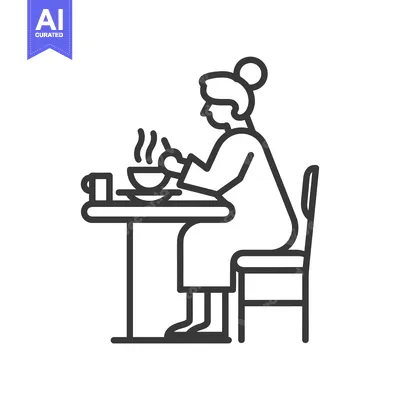 Aset desain premium: Line art illustration of a woman eating at a table