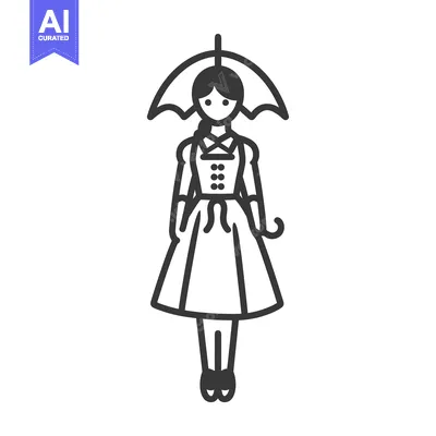 Aset desain premium: Line Art Illustration of a Woman in a Dress and Umbrella