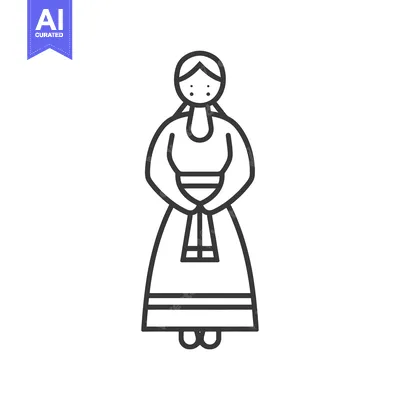 Aset desain premium: Line art illustration of a woman in traditional Russian folk dress