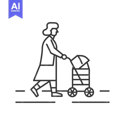 Aset desain premium: Line Art Illustration of a Woman Pushing a Shopping Cart