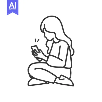 Aset premium populer: Line Art Illustration of a Woman Sitting and Using a Smartphone