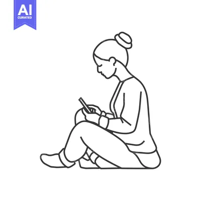 Premium design asset: Line Art Illustration of a Woman Sitting and Using a Smartphone