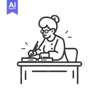 Aset desain premium: Line art illustration of a woman sitting at a desk and writing in a no
