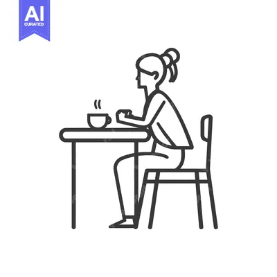 Aset premium populer: Line art illustration of a woman sitting at a table with a cup of coff