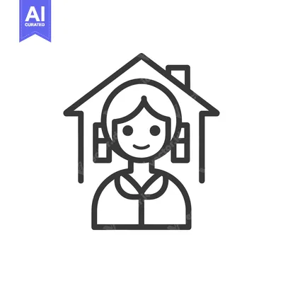 Aset desain premium: Line art illustration of a woman standing under a house roof