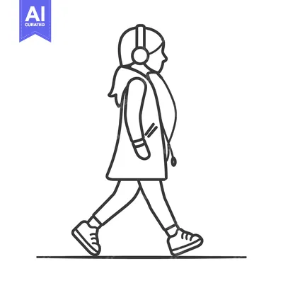 Aset premium populer: Line art illustration of a woman walking while wearing headphones