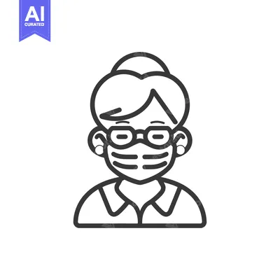 Aset desain premium: Line Art Illustration of a Woman Wearing a Face Mask and Glasses
