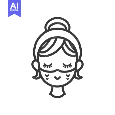 Aset desain premium: Line Art Illustration of a Woman Wearing a Face Mask with a Bun