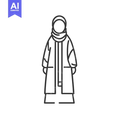Aset desain premium: Line Art Illustration of a Woman Wearing a Hijab and Long Coat