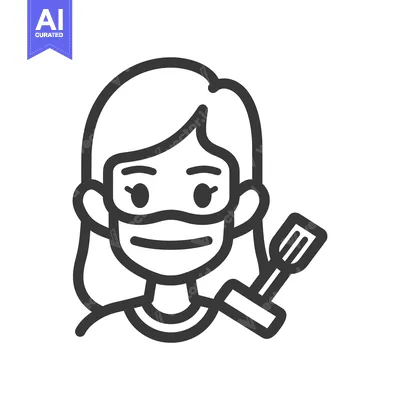 Aset premium populer: Line art illustration of a woman wearing a mask and holding a spatula