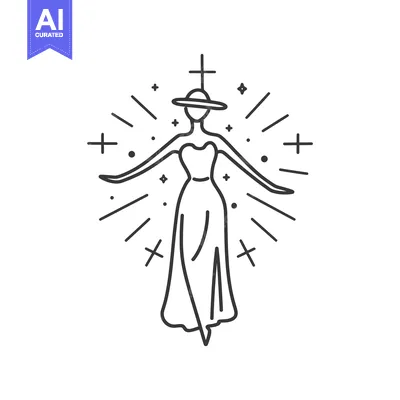 Premium design asset: Line Art Illustration of a Woman with a Cross Above Her Head and Rays