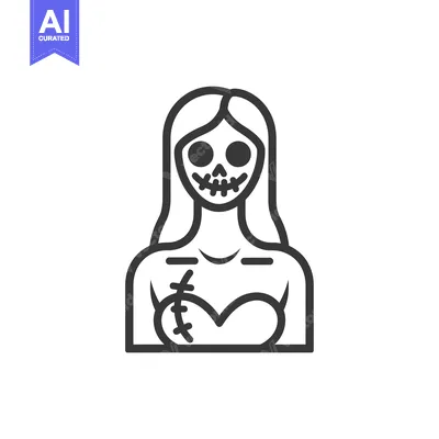 Line art illustration of a woman with a stitched-up skull face and a s