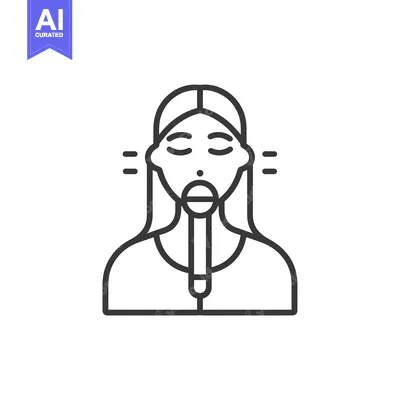Aset desain premium: Line Art Illustration of a Woman with Closed Eyes and a Mic at Her Thr