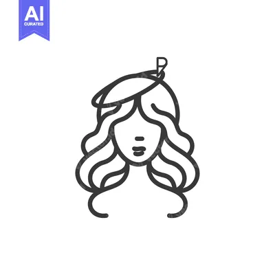 Aset desain premium: Line Art Illustration of a Woman with Wavy Hair and a Beret