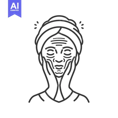 Aset desain premium: Line art illustration of a woman with wrinkles on her face, holding he