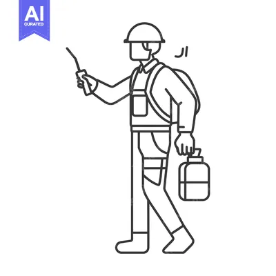 Line art illustration of a worker holding a sprayer and walking