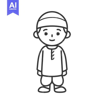 Aset premium populer: Line Art Illustration of a Young Boy Wearing a Traditional Muslim Hat