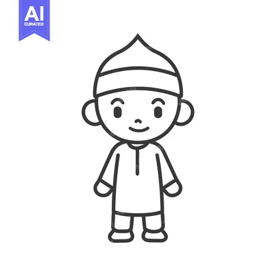 Aset premium populer: Line Art Illustration of a Young Boy Wearing Traditional Islamic Cloth