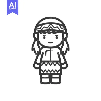 Premium design asset: Line art illustration of a young girl wearing traditional clothing