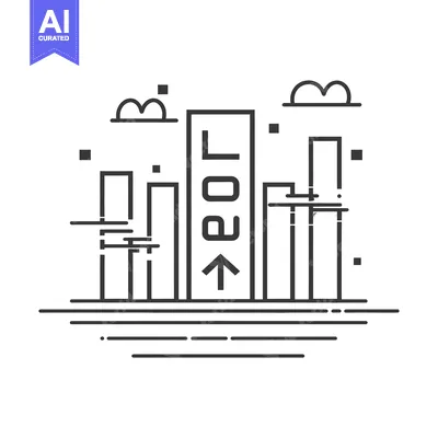 Aset premium populer: Line Art Illustration of Buildings with an Upward Arrow in the Center