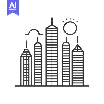 Aset premium populer: Line Art Illustration of City Skyline with Sun and Clouds