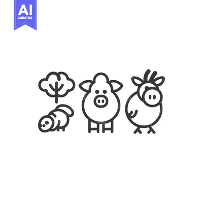 Aset premium populer: Line Art Illustration of Farm Animals and a Tree