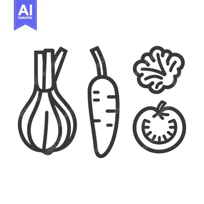 Aset premium populer: Line Art Illustration of Four Vegetables: Onion, Carrot, Lettuce, and