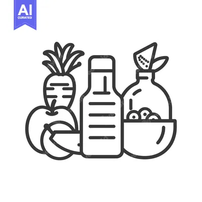 Aset desain premium: Line Art Illustration of Fruits, Vegetables, and a Bottle