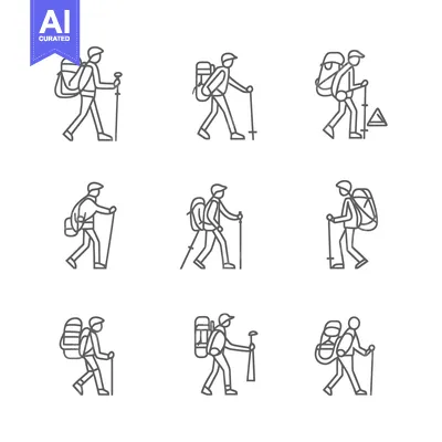 Premium design asset: Line Art Illustration of Hikers with Backpacks and Trekking Poles