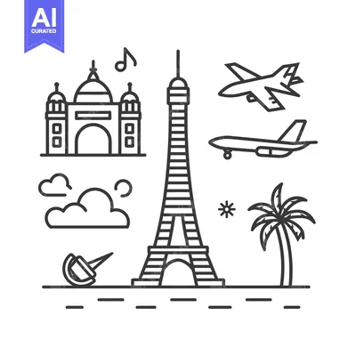 Aset premium populer: Line Art Illustration of Iconic Parisian Landmarks and Travel Symbols