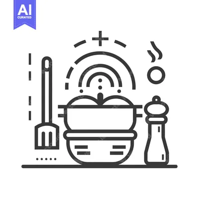 Line Art Illustration of Kitchen Utensils and a Pot