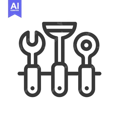 Aset desain premium: Line Art Illustration of Kitchen Utensils and a Wrench on a Wall Rack