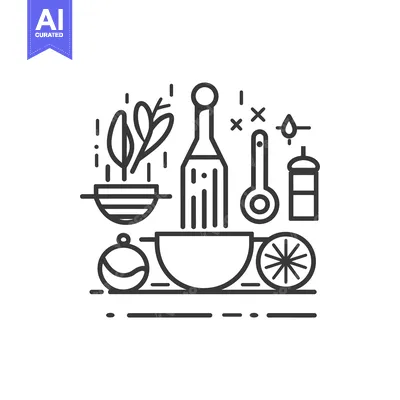 Premium design asset: Line Art Illustration of Kitchen Utensils and Ingredients