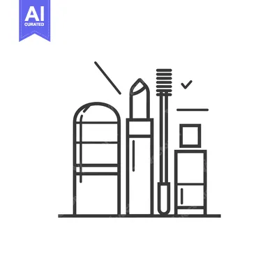 Aset premium populer: Line art illustration of lipstick, mascara, and foundation