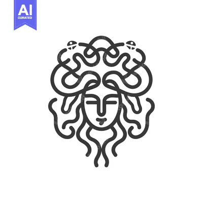 Aset desain premium: Line Art Illustration of Medusa, a Gorgon with Snake Hair