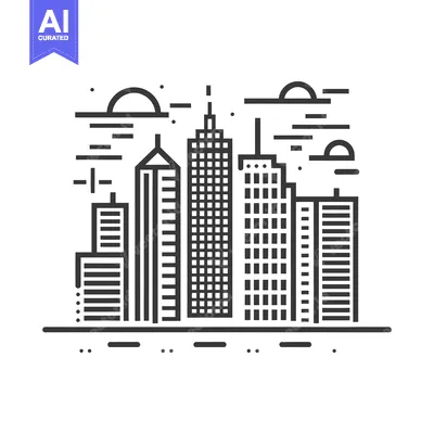 Aset desain premium: Line Art Illustration of Modern City Skyline with Clouds