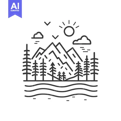 Premium design asset: Line Art Illustration of Mountain Range, River, and Trees Under a Sunn