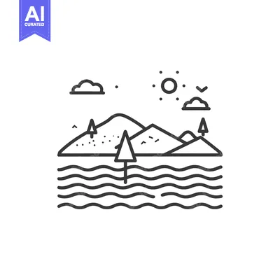 Aset premium populer: Line Art Illustration of Mountains, a Lake, and a Sun