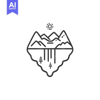 Aset premium populer: Line Art Illustration of Mountains, Sun, and Trees Reflected in Water
