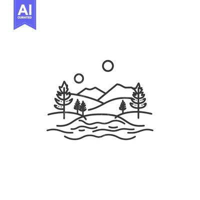 Aset desain premium: Line Art Illustration of Mountains, Trees, and a River with Two Suns