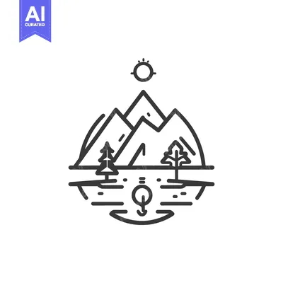 Aset desain premium: Line Art Illustration of Mountains, Trees, and a Sun