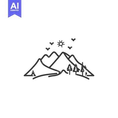 Aset premium populer: Line Art Illustration of Mountains, Trees, and Sun with Birds Flying